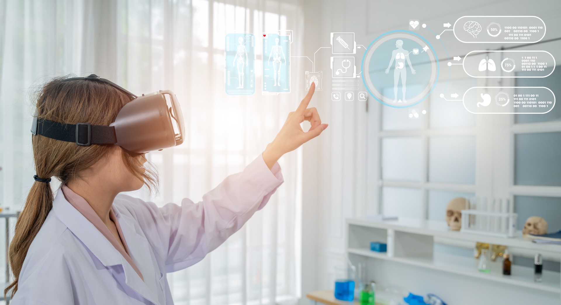 Doctor wearing virtual reality. Scientist using VR headset glasses device for hight technology of physical examination and science in laboratory.